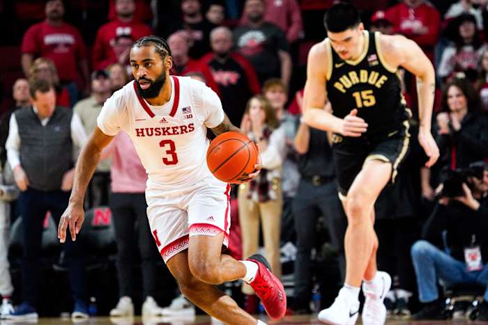 Nebraska guard Brice Williams dribbles upcourt after getting a rebound during the second half Tuesday night at Pinnacle Bank Arena in Lincoln. (Jan 9, 2024)