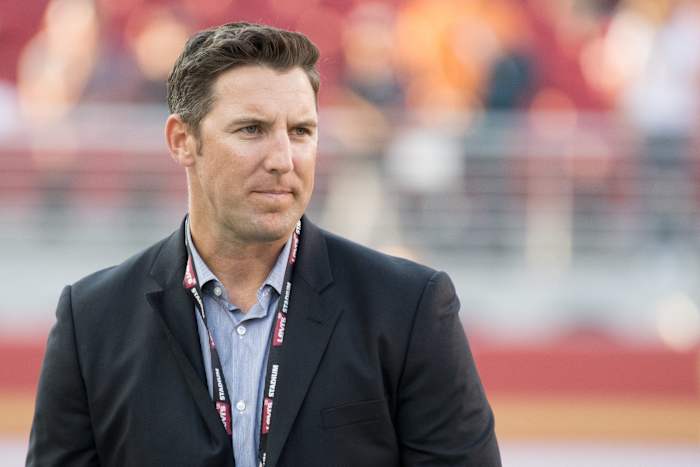 August 19, 2017; Santa Clara, CA, USA; San Francisco 49ers vice president of player personnel Adam Peters before the game against the Denver Broncos at Levi's Stadium. The Broncos defeated the 49ers 33-14.
