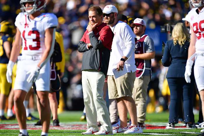 Jan 1, 2024; Pasadena, CA, USA; Alabama Crimson Tide head coach Nick Saban looks on during warm ups before the 2024 Rose Bowl college football playoff semifinal game against the Michigan Wolverines at Rose Bowl. Mandatory Credit: Gary A. Vasquez-USA TODAY Sports