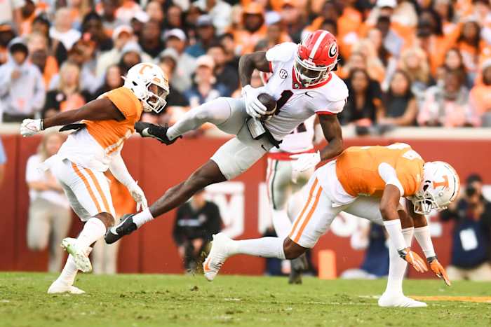 Georgia wide receiver Marcus Rosemy-Jacksaint (1) makes a catch during a football game between Tennessee and Georgia at Neyland Stadium in Knoxville, Tenn., on Saturday, Nov. 18, 2023. (Saul Young/ News Sentinel / USA TODAY NETWORK).