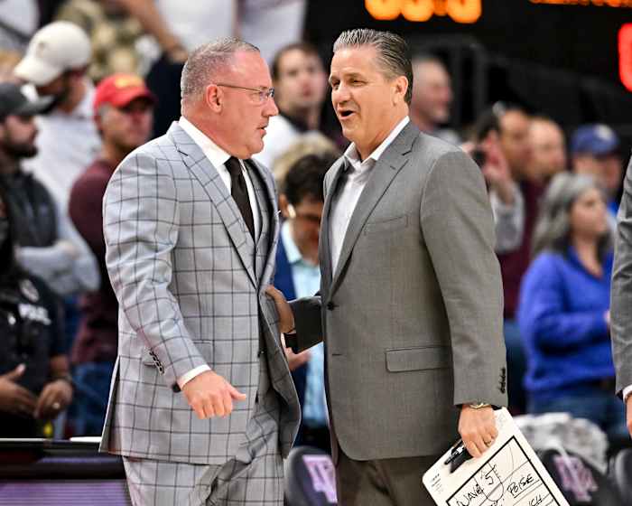 Jan 19, 2022; College Station, Texas, USA; Kentucky Wildcats head coach John Calipari and Texas A&M Aggies head coach Buzz Williams talk prior to the start of the game at Reed Arena. Mandatory Credit: Maria Lysaker-USA TODAY Sports