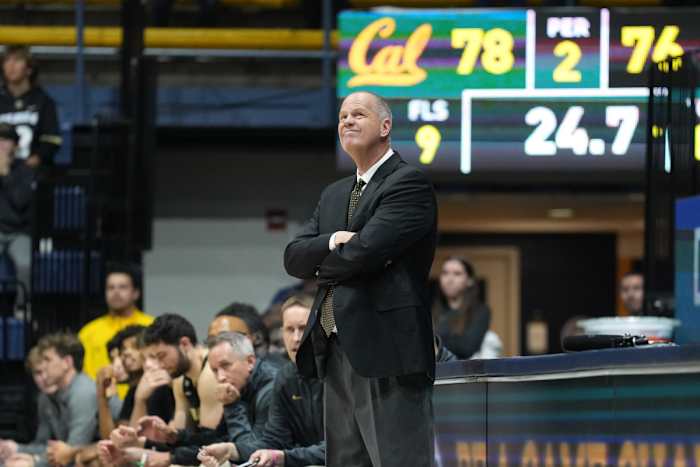 Jan 10, 2024; Berkeley, California, USA; Colorado Buffaloes head coach Tad Boyle reacts after a made free throw by California Golden Bears guard Jaylon Tyson (not shown) during the second half at Haas Pavilion