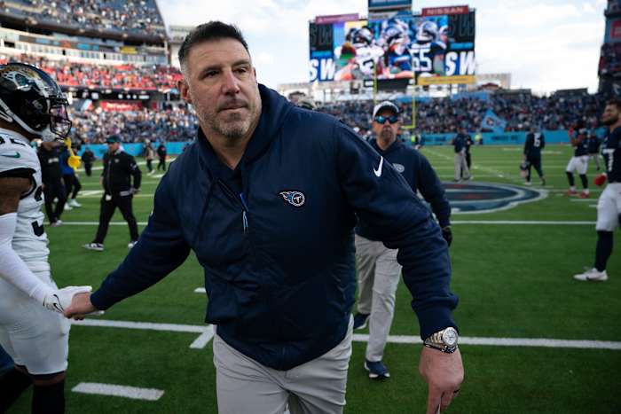 Tennessee Titans Head Coach Mike Vrabel heads off the field after beating the Jacksonville Jaguars and knocking them out of the playoffs after their game at Nissan Stadium in Nashville, Tenn., Sunday, Jan. 7, 2024.