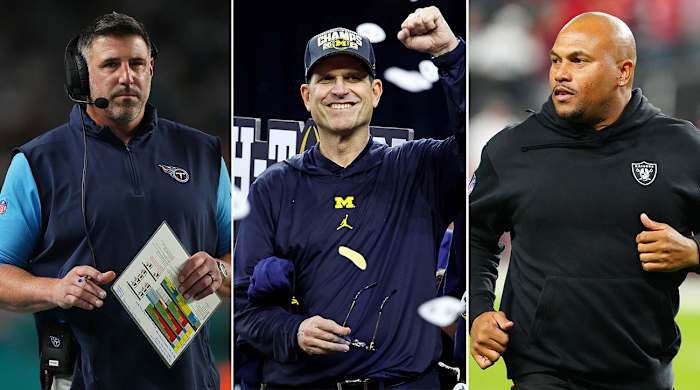 Separate photos of Mike Vrabel, Jim Harbaugh and Antonio Pierce