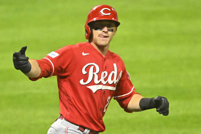 Sep 26, 2023; Cleveland, Ohio, USA; Cincinnati Reds center fielder TJ Friedl (29) celebrate his solo home run in the sixth inning against the Cleveland Guardians at Progressive Field. Mandatory Credit: David Richard-USA TODAY Sports