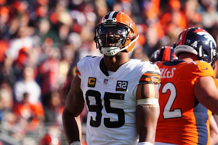 Nov 26, 2023; Denver, Colorado, USA; Cleveland Browns defensive end Myles Garrett (95) during a video review in the first quarter against the Denver Broncos at Empower Field at Mile High.