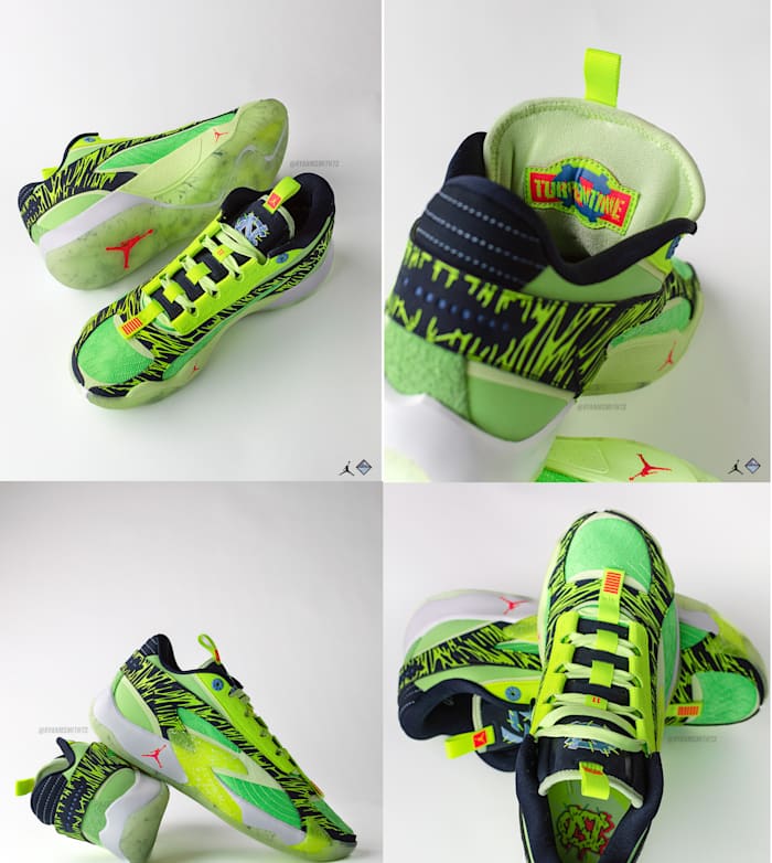 Luka Doncic's green and yellow Jordan Brand sneakers.