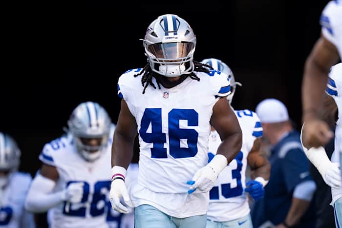 October 8, 2023; Santa Clara, California, USA; Dallas Cowboys linebacker Malik Jefferson (46) before the game against the San Francisco 49ers at Levi's Stadium. Mandatory Credit: Kyle Terada-USA TODAY Sports
