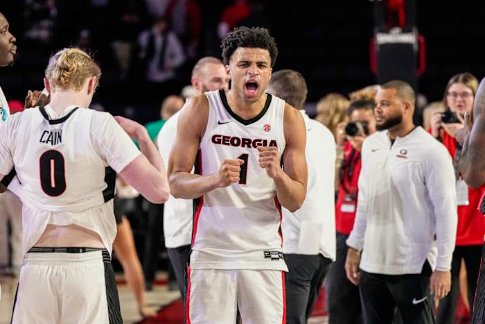 Jan 10, 2024; Athens, Georgia, USA; Georgia Bulldogs guard Jabri Abdur-Rahim (1) reacts after Georgia defeated the Arkansas Razorbacks at Stegeman Coliseum. Mandatory Credit: Dale Zanine-USA TODAY Sports