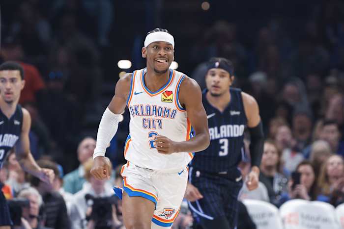 Jan 13, 2024; Oklahoma City, Oklahoma, USA; Oklahoma City Thunder guard Shai Gilgeous-Alexander (2) smiles after scoring against the Orlando Magic during the first quarter at Paycom Center.