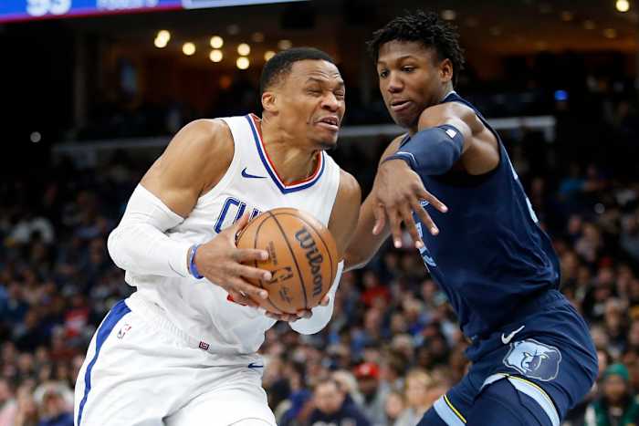 GG Jackson trying to precent dribble penetration from Clippers guard Russell Westbrook (12th Jan., 2024)
