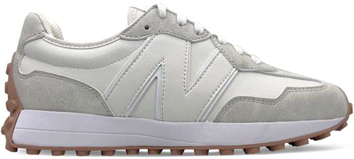Side view of a white and grey New Balance golf shoe.