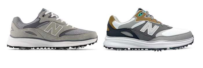Side view of grey New Balance golf shoes.