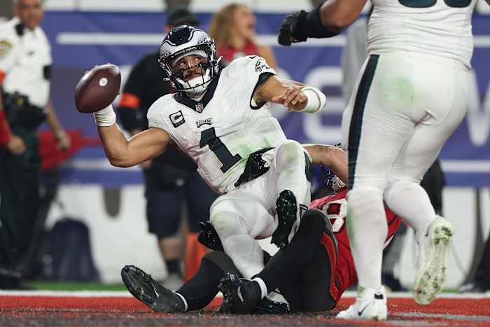 Jalen Hurts was sacked three times in a playoff loss to the Tampa Bay Buccaneers.