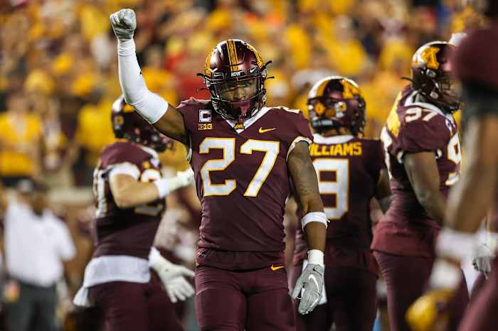 Minnesota Golden Gophers defensive back Tyler Nubin (27) celebrates a stop against the Nebraska Cornhuskers during the fourth quarter at Huntington Bank Stadium.