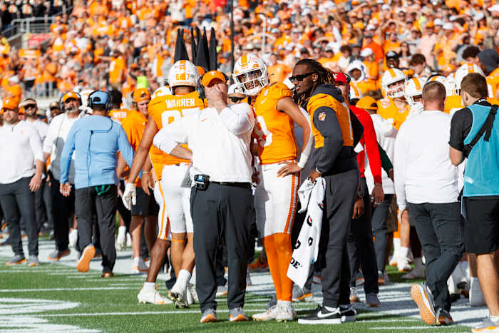 Tennessee Volunteers HC Josh Heupel with QBs Nico Iamaleava and Joe Milton III during the win over Iowa. (Photo by Morgan Tencza of USA Today Sports)
