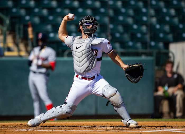 Arizona Diamondbacks catcher Cooper Hummel plays for the Salt River Rafters during an Arizona Fall League baseball game at Phoenix Municipal Stadium. (2022)