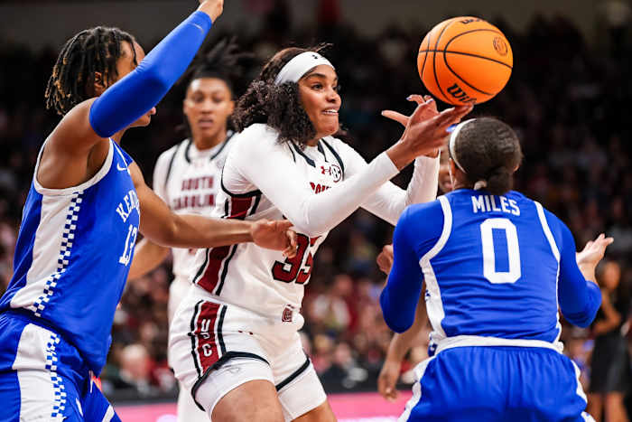 South Carolina Gamecocks center Sakima Walker (35) grabs a rebound from Kentucky Wildcats forward Ajae Petty (13) and guard Brooklynn Miles (0) in the second half at Colonial Life Arena.