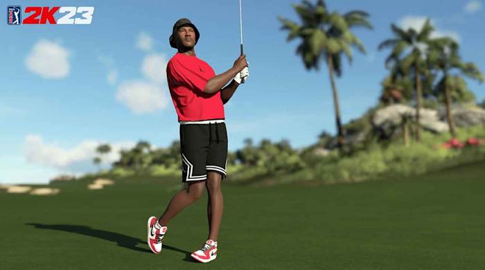 Michael Jordan swings in a screenshot from the PGA Tour 2K23 video game.