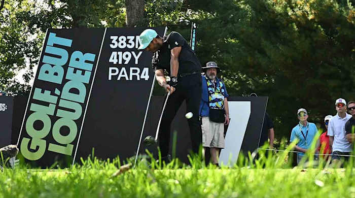 Sebastian Munoz tees off from the 7th tee during the final round of the 2023 LIV Golf Chicago golf tournament at Rich Harvest Farms.