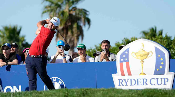Brian Harman play his tee shot off the 10th hole during a practice round ahead of the 2023 Ryder Cup at the Marco Simone Golf Club in Rome, Italy.
