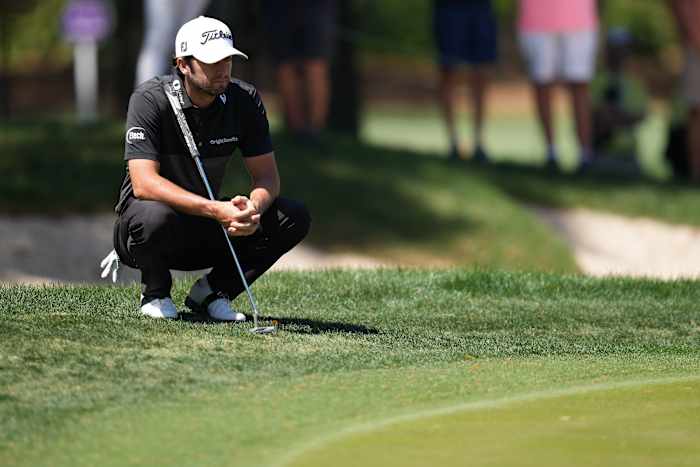 Davis Riley looks over a putt in the final round of the 2022 Valspar Championship.