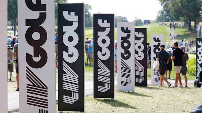 LIV Golf signs are pictured at a 2022 event.