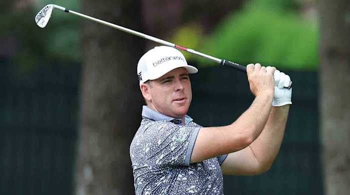 Luke List plays his shot from the eighth tee during the second round of the 2023 Travelers Championship.