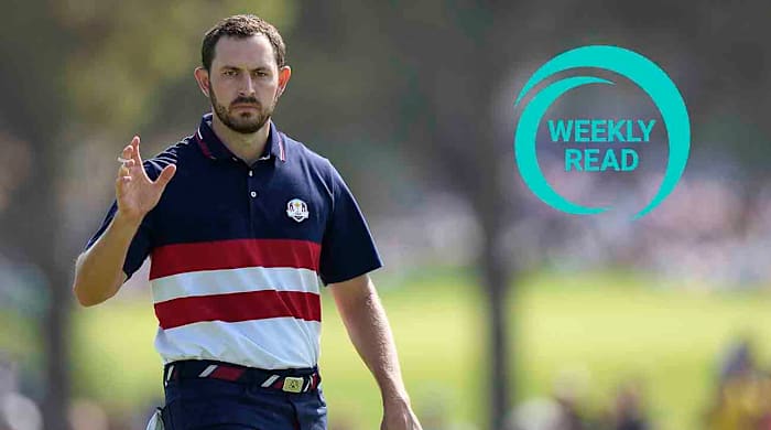 United States' Patrick Cantlay reacts to the crowd on the 1st green during their singles match at the Ryder Cup golf tournament at the Marco Simone Golf Club in Guidonia Montecelio, Italy, Sunday, Oct. 1, 2023, along with the Weekly Read logo.