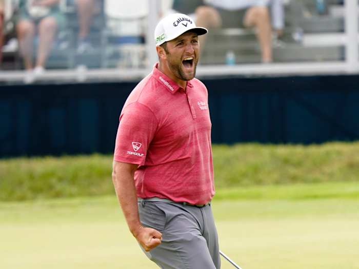 Jon Rahm reacts to his birdie putt on the 18th green during the final round of the U.S. Open golf tournament at Torrey Pines Golf Course.
