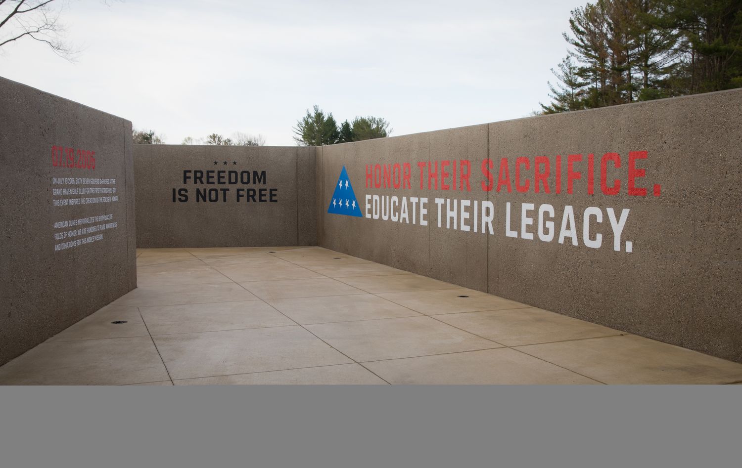 The Folds of Honor mantra, "Honor their sacrifice; Educate their legacy," welcomes visitors to the Memorial Wall.