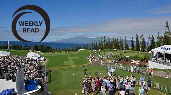 Collin Morikawa watches his shot on the first tee box during the final round of the 2023 Sentry Tournament of Champions in Kapalua, Maui, Hawaii.
