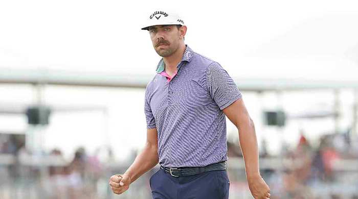 Erik van Rooyen of South Africa reacts after a putt on the 12th green during the final round of the 2023 World Wide Technology Championship in Mexico.