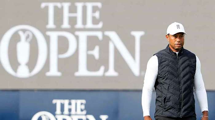 Tiger Woods is shown practicing at the Old Course prior to the 2022 British Open.