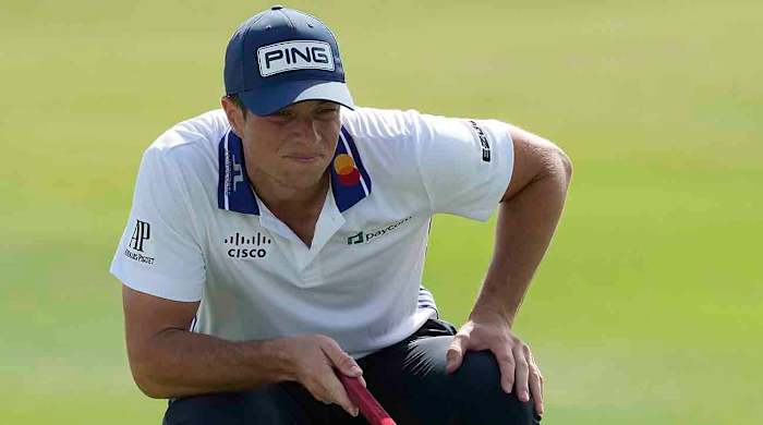 Viktor Hovland lines up his putt during the 2023 Hero World Challenge at the Albany Golf Club, in New Providence, Bahamas.