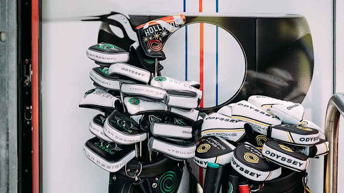 Odyssey putters stand at the ready in the Callaway tour truck.