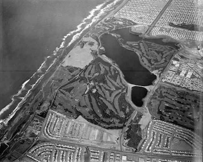 An aerial view of Harding Park Golf Club, at top, in 1955. The Olympic Club is located at the bottom, below Lake Merced, while the San Francisco Golf Club is to the right. In 1956, Harding Park hosted the San Francisco City Championship, one of the eras top amateur events. Ken Venturi, a local favorite and the 1950 and '53 champion, defeated Harvie Ward, the 1955 San Francisco City and reigning U.S. and British Amateur champion, in the final.