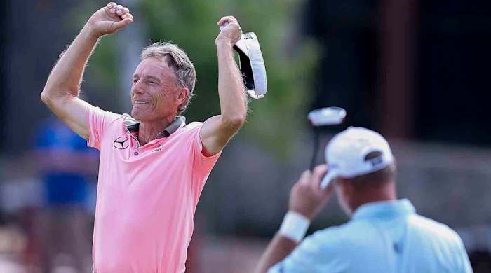 Bernhard Langer reacts after winning the 2023 U.S. Senior Open.