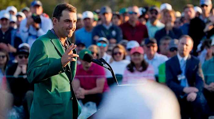 Scottie Scheffler is pictured during his speech after winning the 2022 Masters.