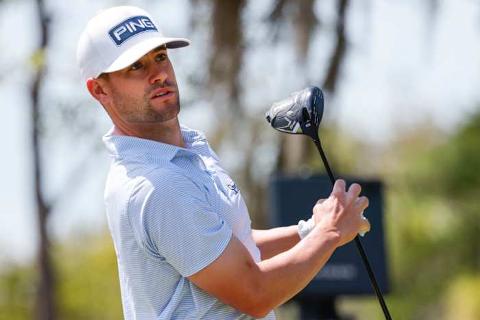Taylor Moore plays his shot from the second tee during the final round of the Valspar Championship golf tournament.