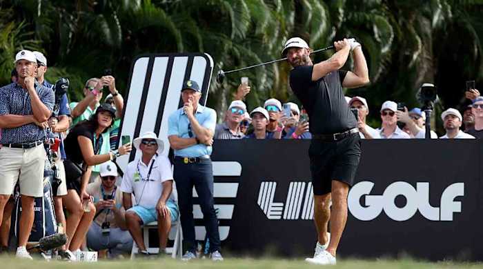 Dustin Johnson of 4Aces GC hits his shot from the 10th tee during Day Three of the LIV Golf Miami Team Championship at Trump National Doral on Oct. 22, 2023.