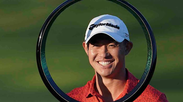 Collin Morikawa poses with the trophy after winning the PGA Tour Zozo Championship at the Narashino Country Club in Inzai on the outskirts of Tokyo, Sunday, Oct. 22, 2023.