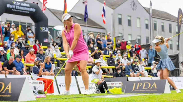 Sandra Carlborg hits at a long drive championship in 2022.