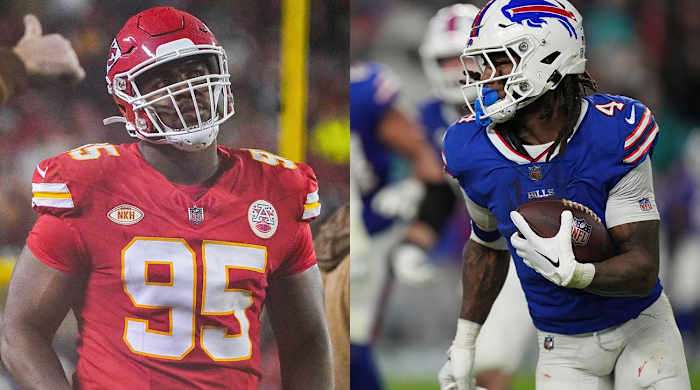 Chiefs defensive end Chris Jones and Bills running back James Cook