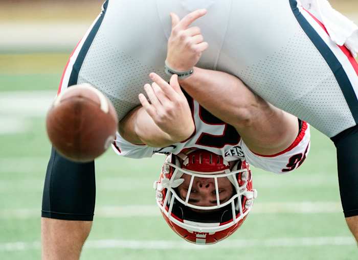 Dec 12, 2020; Columbia, Missouri, USA; Georgia Bulldogs long snapper William Mote (56) warms up during the first half against the Missouri Tigers at Faurot Field at Memorial Stadium. (Jay Biggerstaff / USA TODAY Sports).