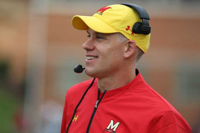 Oct 28, 2017; College Park, MD, USA; Maryland Terrapins head coach DJ Durkin on the sidelines during the game against the Indiana Hoosiers at Maryland Stadium. Mandatory Credit: Mitch Stringer-USA TODAY Sports