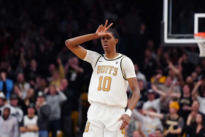 Jan 18, 2024; Boulder, Colorado, USA; Colorado Buffaloes forward Cody Williams (10) reacts after his three point basket in the second half against the Oregon Ducks at the CU Events Center