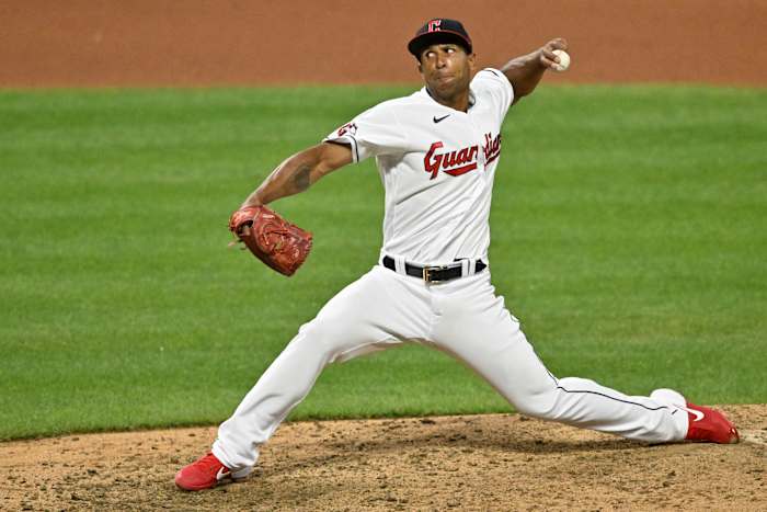 Jun 28, 2022; Cleveland, Ohio, USA; Cleveland Guardians relief pitcher Anthony Gose (26) delivers a pitch in the seventh inning against the Minnesota Twins at Progressive Field.