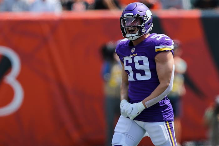 Sep 12, 2021; Cincinnati, Ohio, USA; Minnesota Vikings linebacker Nick Vigil (59) reacts after sacking Cincinnati Bengals quarterback Joe Burrow (np) in the first half at Paul Brown Stadium.