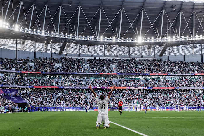 Aymen Hussein pictured celebrating after scoring two goals for Iraq in a 2-1 win over Japan at the AFC Asian Cup in January 2024